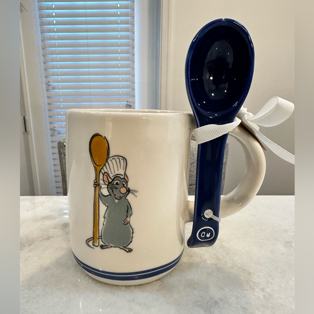 Rae Dunn Pixar LE PETIT CHEF Ratatouille Mug w/ Blue Spoon | White & Blue Mug